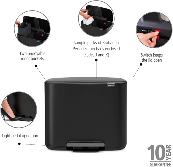 Brabantia Bo Step-On Kitchen Trash Can with Dual Compartments | Matt Black | 3 + 6 Gal Inner Buckets | Soft-Close Garbage Can Light Pedal Operation Stay-Open Lid | Fits Against Wall | + Trash Bags