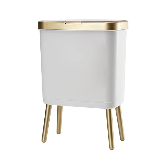 Procade Bathroom Trash Can with Lid Plastic Garbage Can with Legs 4 Gallon Gold Trash Bin with Push Button Narrow White Trash Can Waste Basket for Bedroom Living RoomOfficeDog Proof Trash Bin