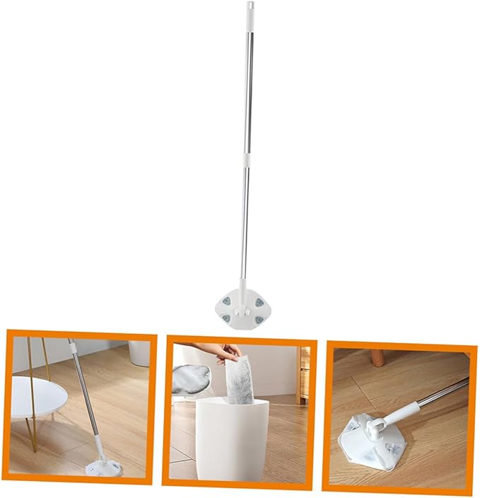 Beaupretty Household Dust Mop with Face Towel Replacement Retractable Long Handle Dust Cleaning Mop Rotatable Triangle for Home Floor Cleaning White