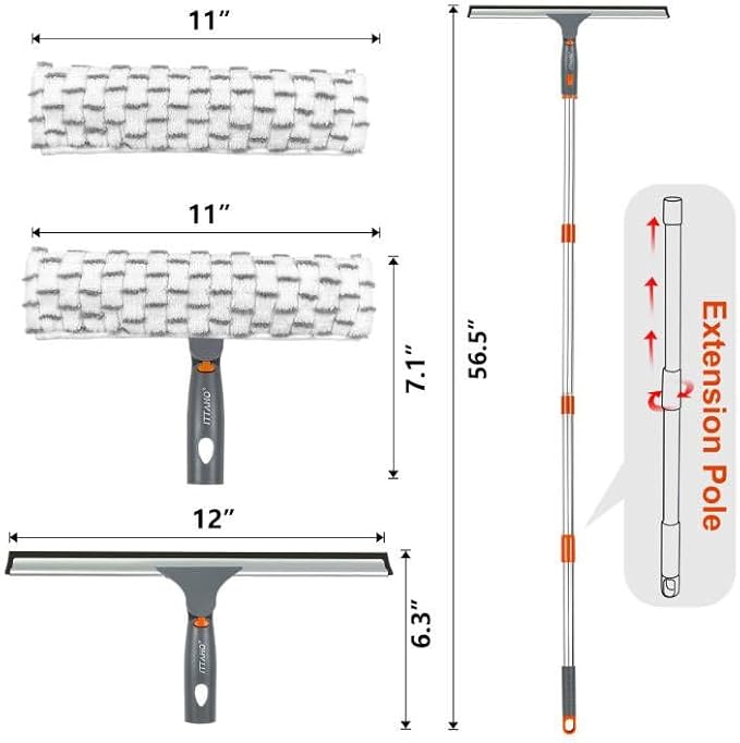 ITTAHO Squeegee for Window Cleaning12 Squeegee and 11 Microfiber Scrubber Combi with Stainless Steel PoleExtendable Window Cleaner for CarSliding DoorShower Glass Door-Swivel Style-2 Pads