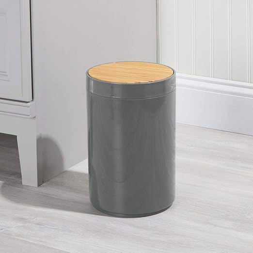 mDesign Plastic Round Trash Can Small Wastebasket - Garbage Bin Container with Swing-Close Lid - Bathroom Garbage Basket - Holds Waste Recycling - 1.3 Gallon - Basa Collection - Charcoal Gray/Natural