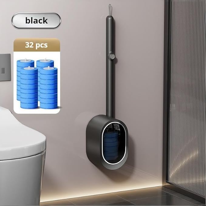 Disposable Toilet Bowl Cleaner Wand 32pcs Wall Mounted Toilet Brush and Holder for Deep Cleaning Bathroom Convenient Disposable Toilet Cleaning Solution (Black)