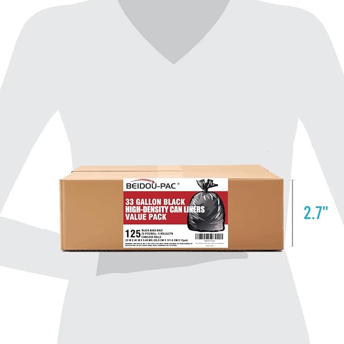 33 Gallon Trash Bags 125 Count Black Garbage bags Multi-purpose Trash Can Bin Liners for Home Commercial Outdoor Construction Industrial Janitorial Municipal Lawn Leaf