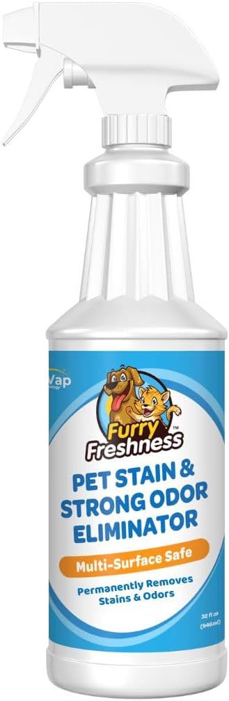 FurryFreshness Extra Strength Cat or Dog Pee Stain &amp Permanent Odor Remover + Smell Eliminator -Removes Stains from Pets &amp Kids Including Urine or Blood- Lifts Old Carpet Stains- 32oz Spray