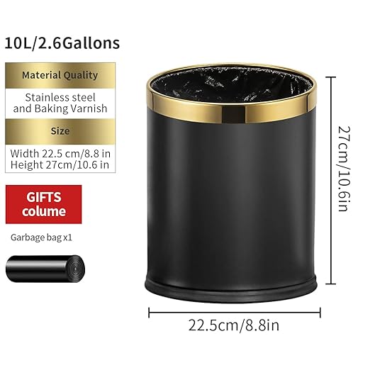 10L/2.6GAL Black and Gold Open Top Trash Can - Metal Trash Bin Without Lid for Office Hotel Store Restaurant