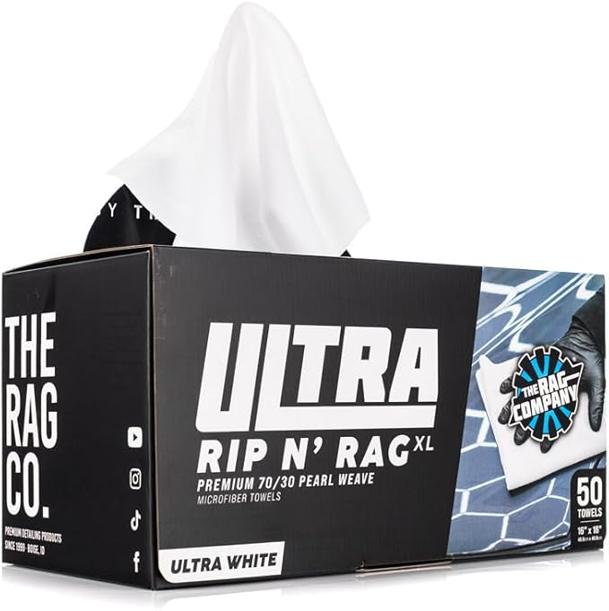 The Rag Company - Ultra Rip N' Rag XL Premium Reusable Pearl-Weave Microfiber Towels for Coatings Glass Detailing Home RV and More - 50 Count - Quality 70/30 Blend - 280gsm 16 x 16 - White