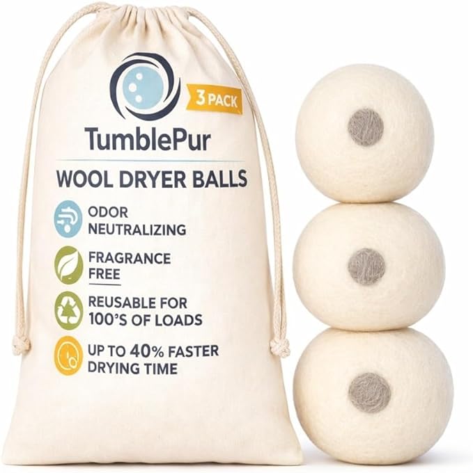XL Wool Dryer Balls (3-Pack) with Activated Carbon – Odor Eliminating &amp Fragrance-Free Laundry Deodorizer Natural Fabric Softener Alternative Reusable Eco-Friendly Dryer Balls