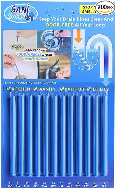 “12-Count Drain Cleaning Sticks Pipe Clog Preventer &amp Odor Eliminator Dissolve Grease/Food Residue Safe for Kitchen Sinks/Bathroom Drains/Septic Systems”