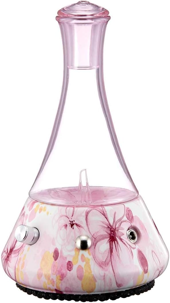 Opulence - Nebulizing Diffuser for Essential Oil/Aromatherapy with Pink Floral Ceramic Base and Pink Hand-Blown Glass with Touch Sensor Light Switch - No Heat No Water No Plastic