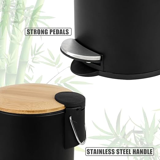 Mini Trash Can with Bamboo Lid Soft Close and Foot Pedal 0.8Gal / 3L Tiny Round Trash Can with Removable Plastic Inner Wastebasket for Bathroom Bedroom Powder Room Office Desk Car Black