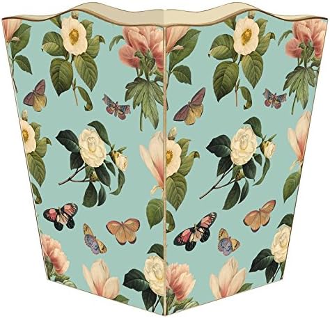 Marye-Kelley- Floral 1 on Aqua Wastepaper Basket Decoupage Wood Decorative Wastebasket for Kitchen Bathroom Bedroom Living Room Handmade Made in The USA