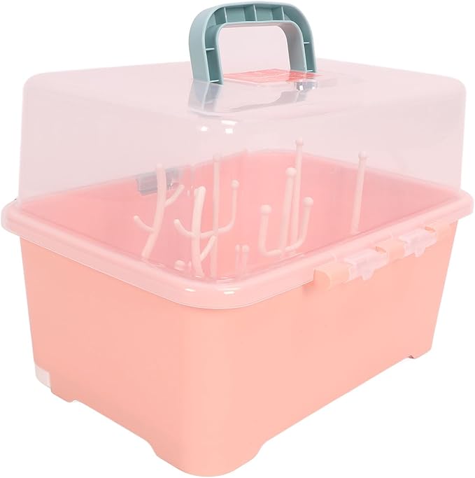 SUNGOOYUE Baby Bottle Drying Rack Portable PP Nursing Bottle Storage Box with Detachable Drain Feeding Bibs for Home Travel Bib (Implicit Pink) SUNGOOYUEpofvukabs8-12