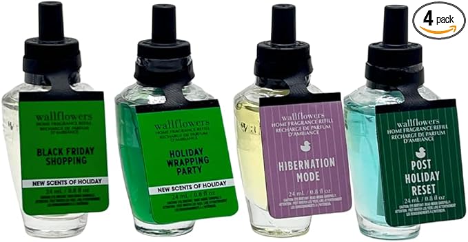 Bath &amp Body Works Winter Holiday Vibes Collection Wallflowers Refill – BLACK SHOPPING FRIDAY HOLIDAY WRAPPING PARTY POST HOLIDAY RESET and HIBERNATION MODE 4-piece Gift Set – 0.8 fl oz each