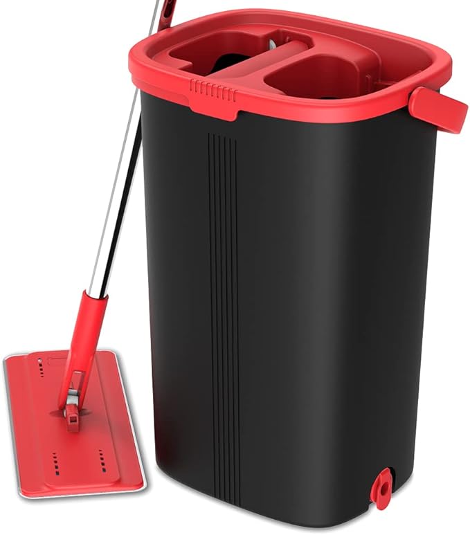 Tethys Flat Floor Mop and Bucket Set for Professional Home Floor Cleaning System with Aluminum Handle/2-Washable Microfiber Pads Perfect Home + Kitchen Cleaner for Hardwood Laminate Tiles Vinyl