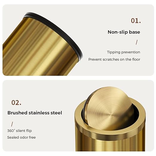 9 Liter/2.4 Gallon Gold Trash can with Swing lid Brass Small Trash can Gold Trash Bin with Lid for Office Living RoomBathroomRestaurant Bathroom