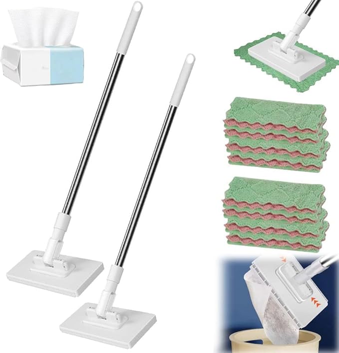 Mini Mop Cloth Changing Mop No Wash Lazy Mops Wet and DryConvenient Automatic Cloth Changing Mini Easy Mopping Flat Dust Mops for Small Spaces (2 Set)
