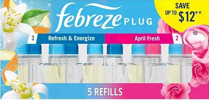 F.e.b.r.e.z.e Plug in Air FreshenersOdor Eliminator for Strong Odors 5 Oil Refills (Refresh &amp Energize + April Fresh)