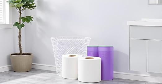 (1) White Waste Basket 9in Mesh Trash Round Garbage Can Bin (2) Toilet Paper Rolls w/ (2) Purple Trash Bags Wastebasket Home Office Bedroom Bathroom Kitchen Workspace Compact