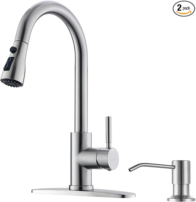 WEWE Kitchen Sink Faucet with Soap Dispenser Kitchen Faucet with Pull Down Sprayer 3 Modes Stainless Steel Single Handle Single Hole Pull Out Brushed Nickel Faucet for Bar Laundry RV Utility Sink