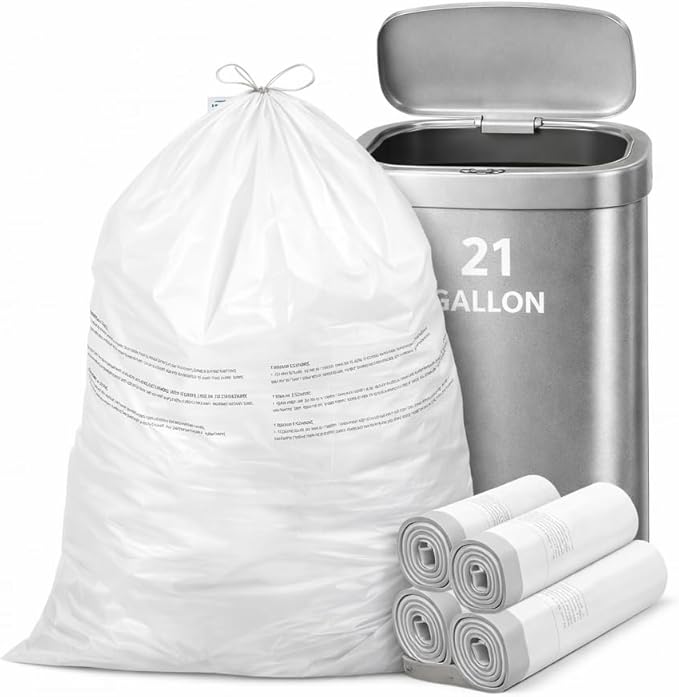 21 Gallon Drawstring Trash Bags 100 Count Extra Strong Drawstring Kitchen Garbage Bags Fit for 80 Liter / 21.1 Gal Tear-Resistant Unscented Household Liners 1.2 Mil Large Trash Bags