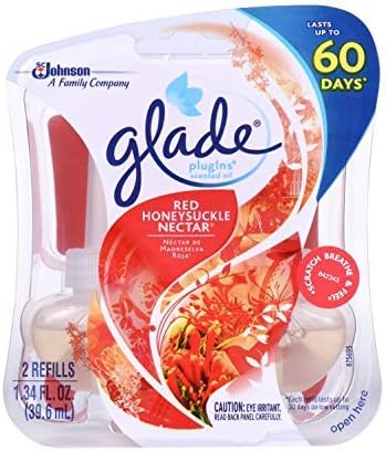 Glade PlugIns Scented Oil Refill Red Honeysuckle Nectar Essential Oil Infused Wall Plug In Up to 50 Days of Continuous Fragrance 1.34 oz( One pack of 2-count )