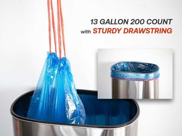 13 Gallon Recycling Trash Bags 200 Count Drawstring Tall Kitchen Garbage Bags Pre-Separated Unscented Ultra Strong Leakproof Sturdy Translucent Blue