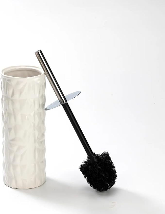 J&ampV TEXTILES Ceramic Toilet Brush Toilet Bowl Brush with Extra Long Handle Durable Bristles Toilet Scrubber and Covered Holder for Toilet Brush Set for Bathroom Cleaning (Chrome/White)