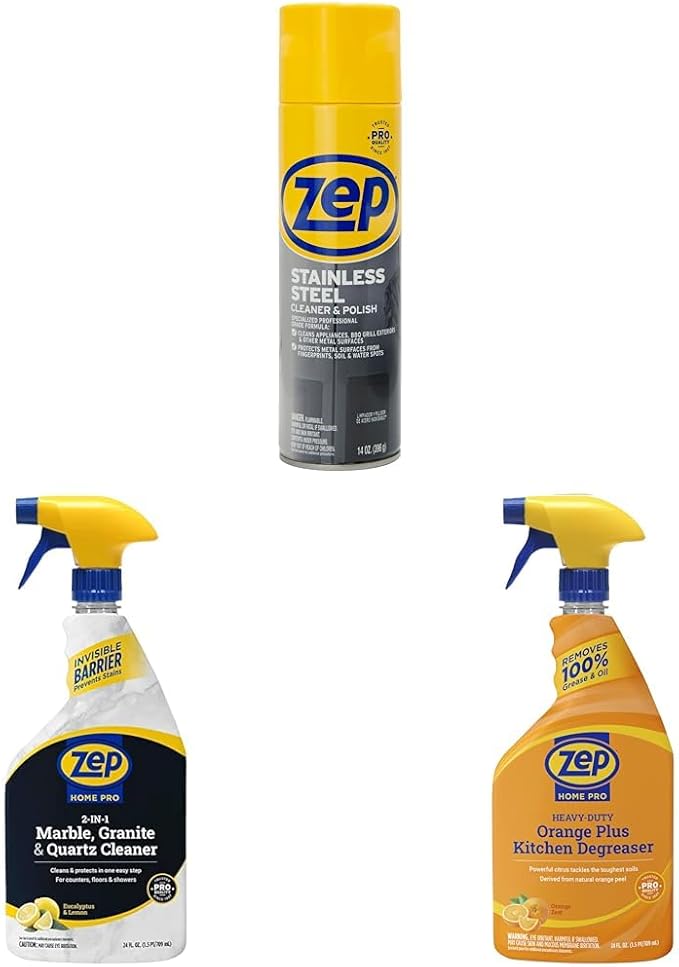 Zep Stainless Steel Cleaner and Polish + Home Pro Marble Granite and Stone Cleaner + Home Pro Orange Kitchen Degreaser - 14 oz. ZUSSTL1 + 24 oz. R49706 + 24 oz. R49506