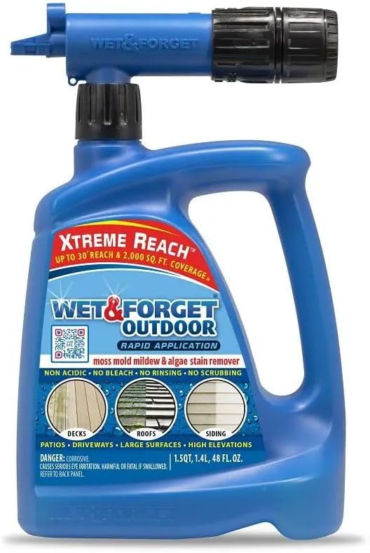 Wet &amp Forget Outdoor Moss Mold Mildew &amp Algae Stain Remover Multi-Surface Cleaner Xtreme Reach Hose End with New &amp Improved Nozzle 48 Fluid Ounces