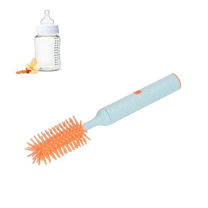 Baby Bottle Cleaning Brush Straw Brush Rotating Silicone Baby Bottle Brush Cleaner Efficient Electric 2 Speeds for Home (Blue)