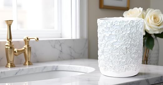 Decorative Trash Can Elegant Resin Carved Waste Basket 8x10 Trash Bin Decor Rose Floral Garbage Can for Office BathroomBedroomLivingroom 8L/2.2Gallon(White)