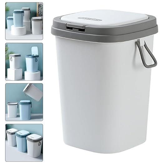 Press-Top Trash Can with Lid 13L Grey Plastic Wastebasket for Bathroom Kitchen Living Room Design Small Garbage Bin for Home Organization