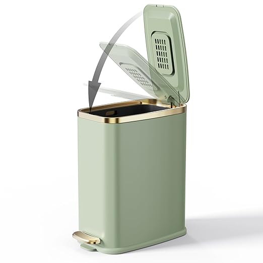CEROELDA Small Bathroom Trash Can with Lid Soft Close-5L/1.3 Gal Slim Garbage Can-Metal Step Wastebasket-Rectangle Narrow Waste Bin for Office Bedroom Toilet Live Room-Green