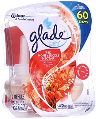 Glade PlugIns Scented Oil Refill Red Honeysuckle Nectar Essential Oil Infused Wall Plug In Up to 50 Days of Continuous Fragrance 1.34 oz( One pack of 2-count )