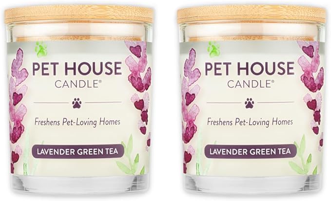 One Fur All Pet House Candle 2 Pack - Plant-Based/Soy - Clean Burning Scented Long Lasting Pet Odor Candle for Home - Lavender Green Tea