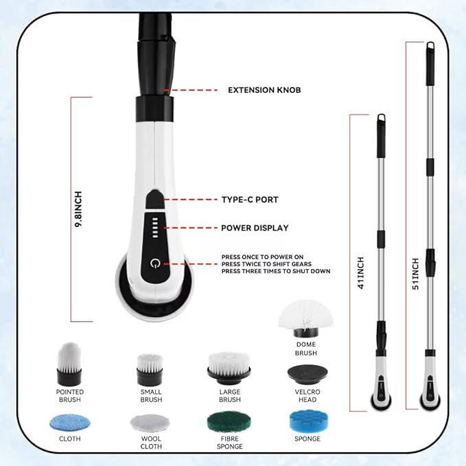 Electric Spin Scrubber Cordless Cleaning Brush with 8 Replaceable Heads Adjustable Handle Dual Speed Power Scrubber for Bathroom Bathtub Floor Tile and Kitchen Cleaning