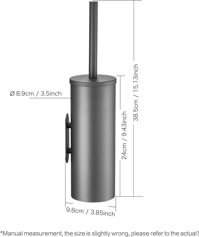 Stainless Steel Toilet Brush and Holder Set No-Punch Hook Base Dual Purpose Toilet Brush Holder with Removable Inner Bucket and Splash Cover - Soft Bristles (Gray)