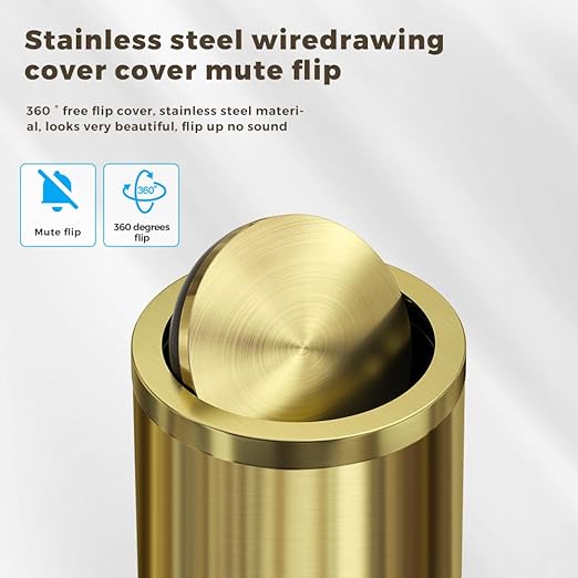 18L/4.7GAL Gold Bathroom Trash Can with LidBrass Garbage Can with Flipping LidBrushed Stainless Steel for BedroomLiving RoomOfficeGuest Room (4.7gal-Gold)