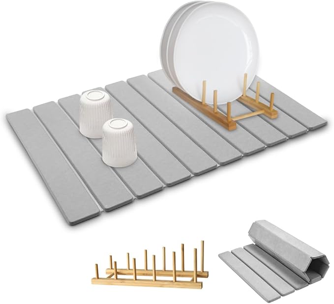Large Stone Dish Drying Mat for Kitchen CounterEquipped Dish Rack Diatomaceous Earth Material Foldable and Super Absorbent Dish Drying Pad Suitable for Tableware Bottles and Cup (Grey 24×16 IN)