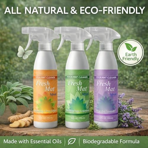 Fresh Mat Yoga Mat Cleaner Spray - Natural Deodorizing Cleaner for Yoga Mats &amp Fitness Equipment - No-Rinse Residue-Free Formula with Witch Hazel &amp Essential Oil Refreshing Citrus Ginger (24