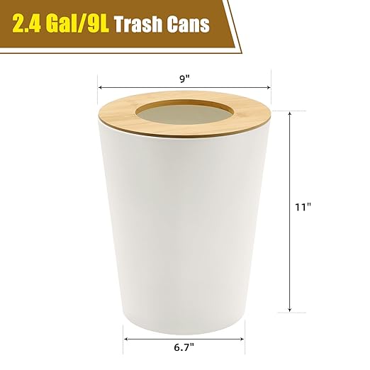 White Trash Can for Bedroom with Bamboo Lid 2.4 Gallon Open Top Trash Can 2 Pack Modern Aesthetic Garbage Can for Room Office Living Room Small Bathroom Trash Bin Boho Style