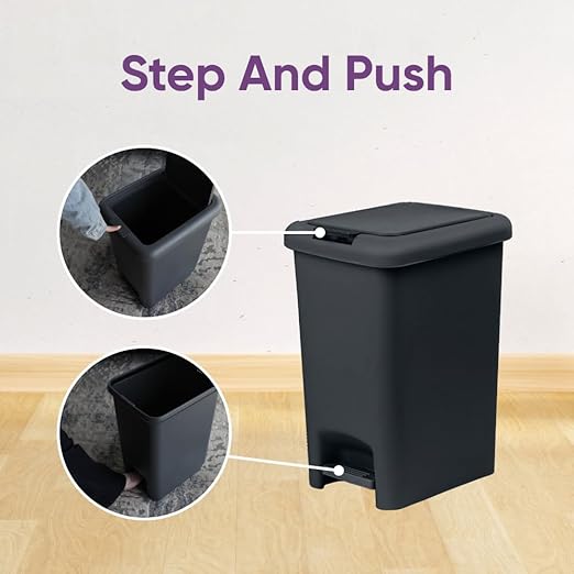 Superio 6.5L Slim Step &amp Push Trash Can - Dual Opening Smooth Matte Finish Durable Plastic (9.5x7x11.5) - Black