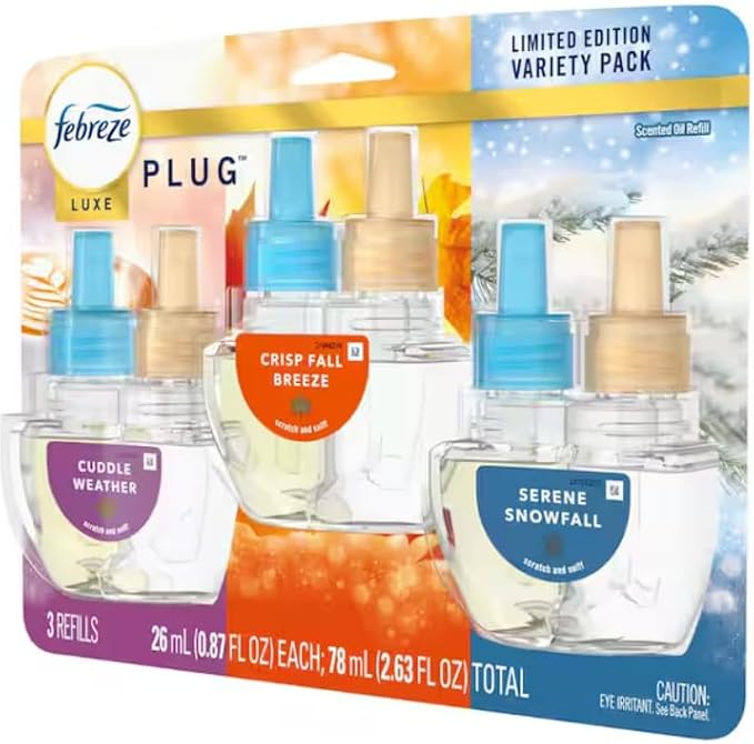 F.e.b.r.e.z.e Plug Variety 0.87 oz. Automatic Air Freshener Refill (3) (Cuddle Weather Crisp Fall Breeze &amp Serene Snowfall)