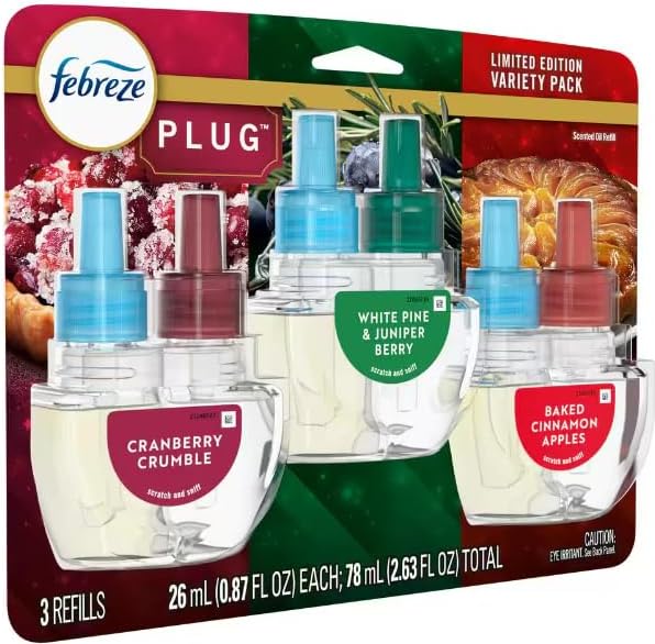 F.e.b.r.e.z.e Plug Variety 0.87 oz. Automatic Air Freshener Refill (3) (Cranberry Crumble White Pine and Cinnamon Apples)