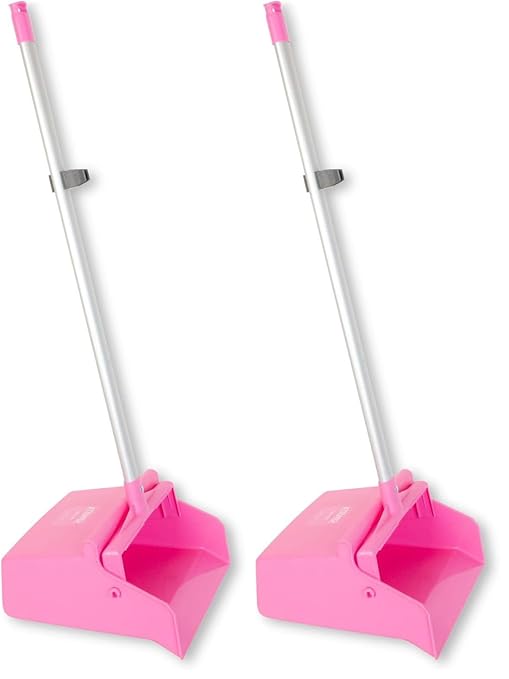 SPARTA Upright Dustpan with Aluminum Handle Serrated Edge for Broom Combing Secure Yoke Lock with Easy Storage Hanging Hole for Commercial Cleaning Plastic 30 Inches Pink (Pack of 2)