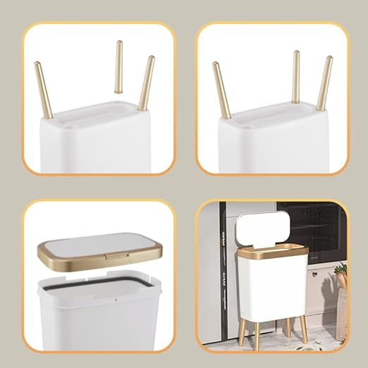 Procade Bathroom Trash Can with Lid Plastic Garbage Can with Legs 4 Gallon Gold Trash Bin with Push Button Narrow White Trash Can Waste Basket for Bedroom Living RoomOfficeDog Proof Trash Bin