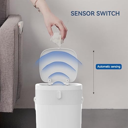 Automatic Motion Sensor Bathroom with Covered Trash Can One Smart Plastic Trash Cans Suitable for Bathrooms Offices Bedrooms Living Rooms (White)