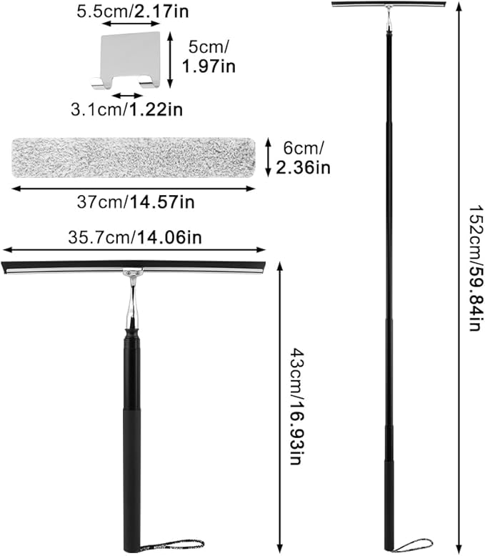 Shower Squeegee with Long Handle 17-60 Telescopic Window Squeegee with Streak-Free Silicone Blade Adjustable Cleaning Tool for Glass Doors Shower Walls Tile Car Windshield