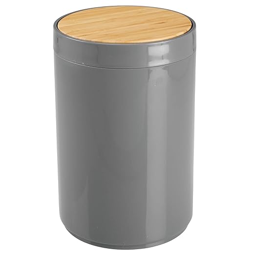 mDesign Plastic Round Trash Can Small Wastebasket - Garbage Bin Container with Swing-Close Lid - Bathroom Garbage Basket - Holds Waste Recycling - 1.3 Gallon - Basa Collection - Charcoal Gray/Natural