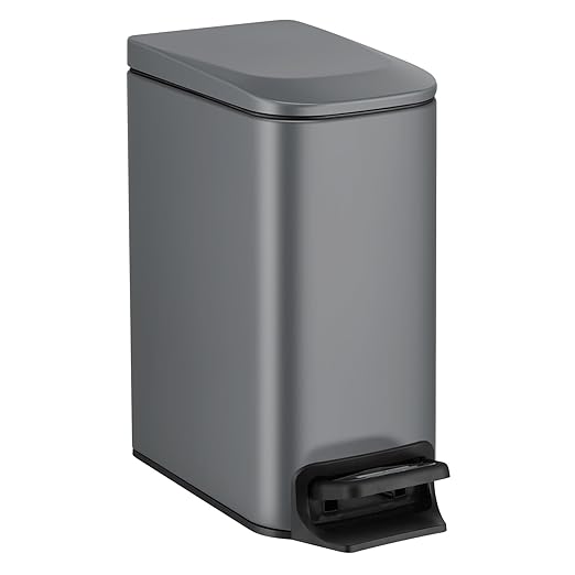TIPGO Slim Bathroom Trash Can with Lid Soft Close 6 Liter / 1.6 Gallon Stainless Steel Garbage Can with Removable Inner Bucket Step Pedal Small Trash Cans for Bedroom Office Kitchen (Grey)